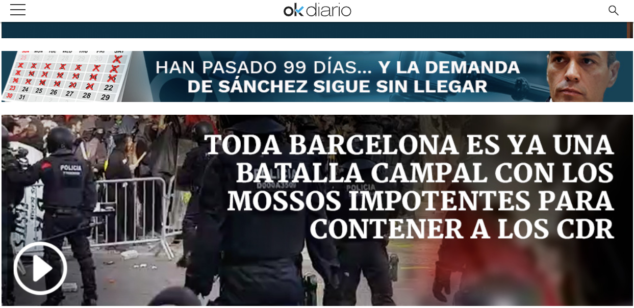 Portada d'OkDiario sobre les protestes pel 21-D a Barcelona