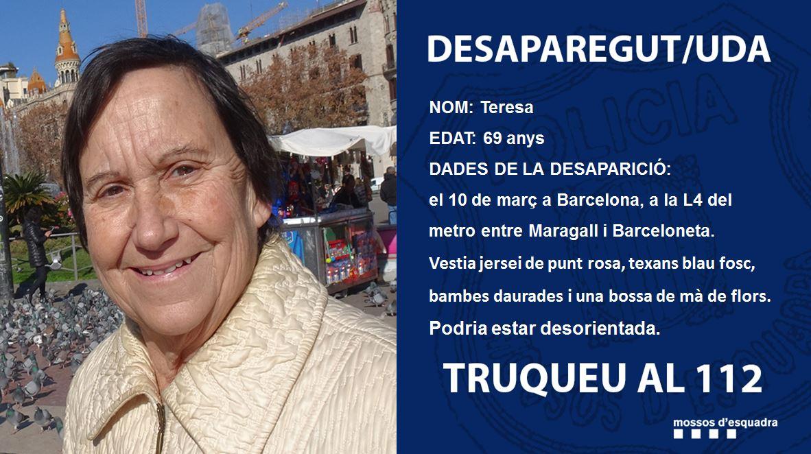 Imatge de la Teresa, desapareguda ahir al metro. | Mossos d'Esquadra