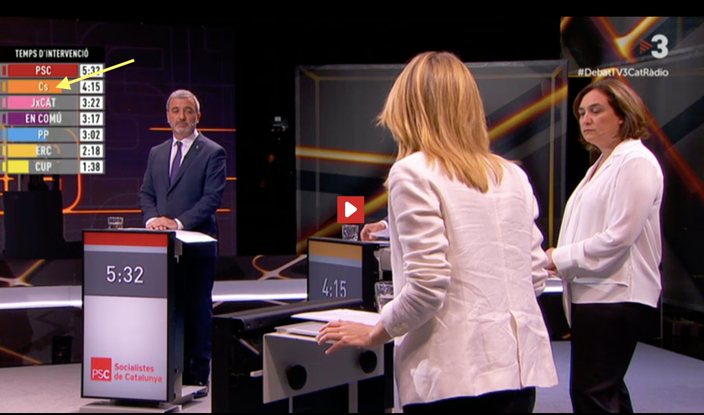 Les sigles Cs al comptador de temps del debat de TV3 al principi del debat electoral