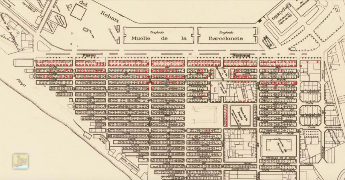 Mapa del bombardeig de la Barceloneta l'1 d’octubre de 1937 / ICGC- Ajuntament de Barcelona