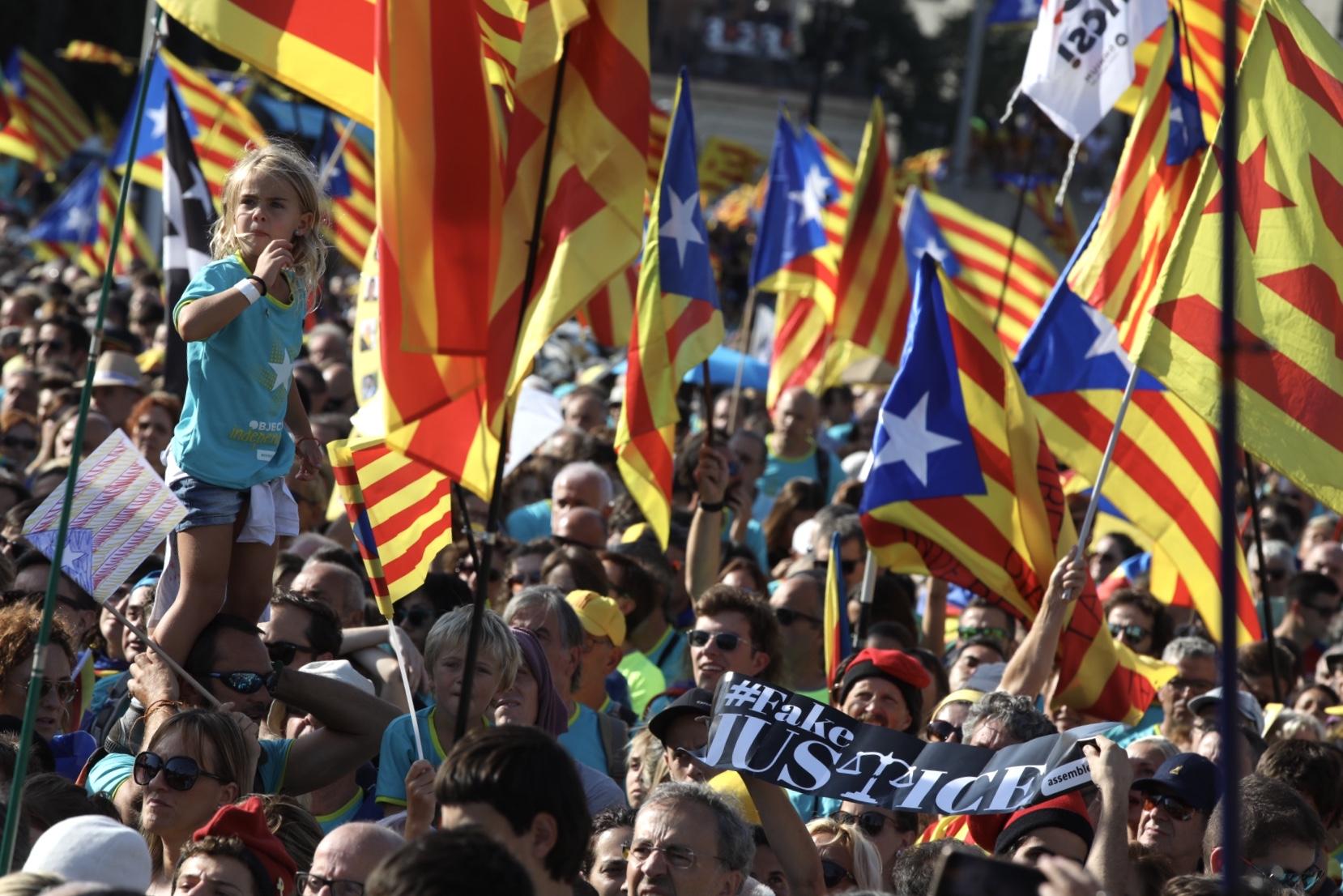 Manifestants amb una pancarta amb el lema 'Fake justice' a l'acte de la Diada / Jordi Play