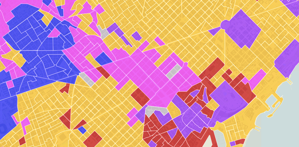 Les zones en gris marquen un empat a vots entre dos partits / Instamaps