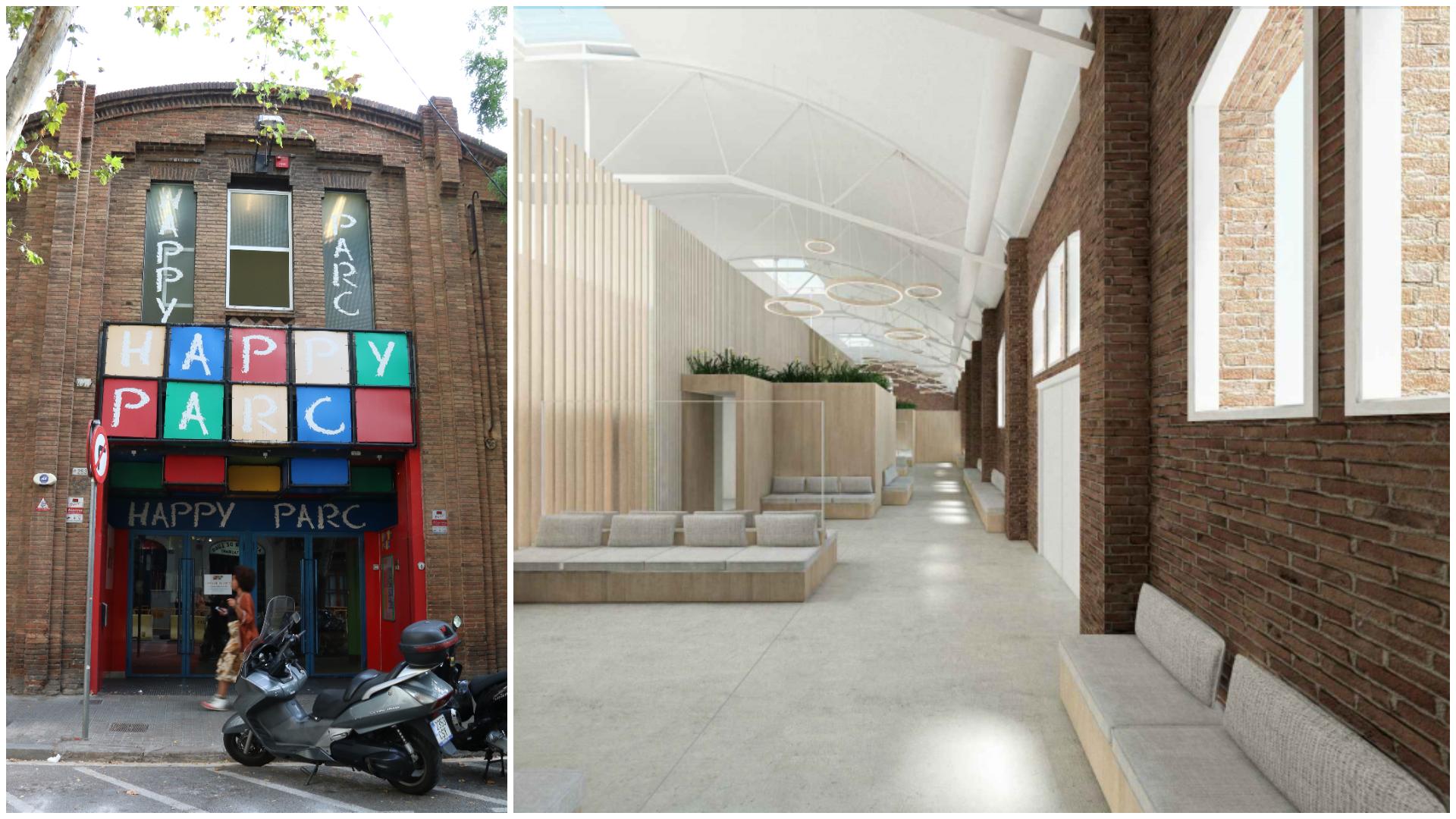 Fachada del Happy Parque de Sants cerrado y recreación del tanatorio previo