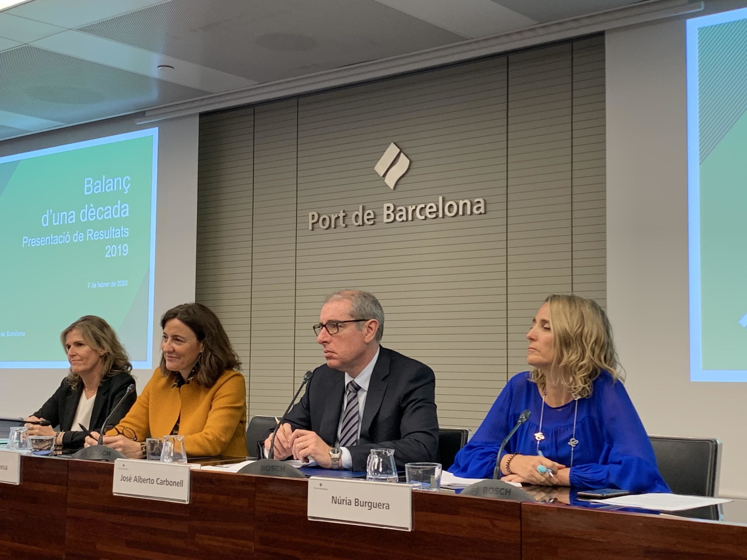 La presidenta del Port, Mercè Conesa (segona per l'esquerra), entre la subdirectora general d’Econòmic Financer, Miriam Alaminos, i el director general, José Alberto Carbonell, en la presentació de resultats del 2019. A la dreta, la subdirectora de Comuni