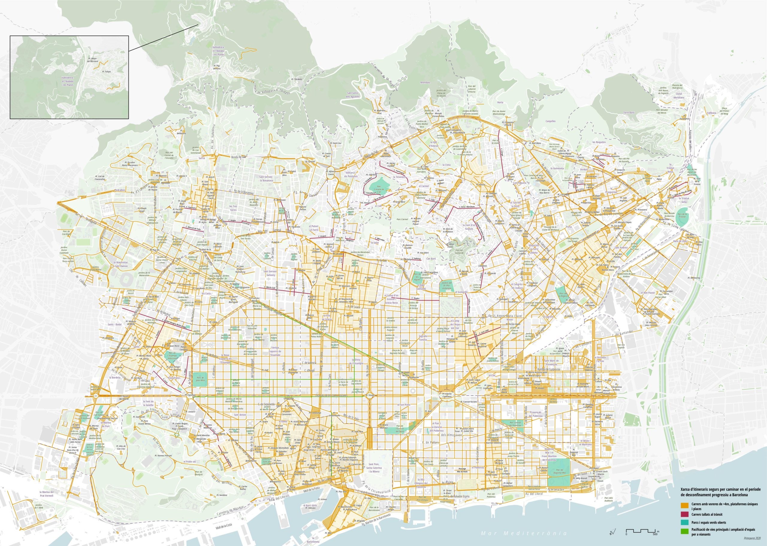 Mapa de la 'xarxa d'itineraris segurs' per al desconfinament / Ajuntament de Barcelona