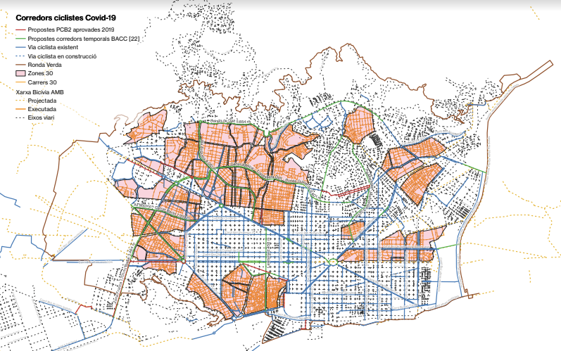 Mapa de carrils bici provisionals contra la Covid-19 elaborat pel BACC