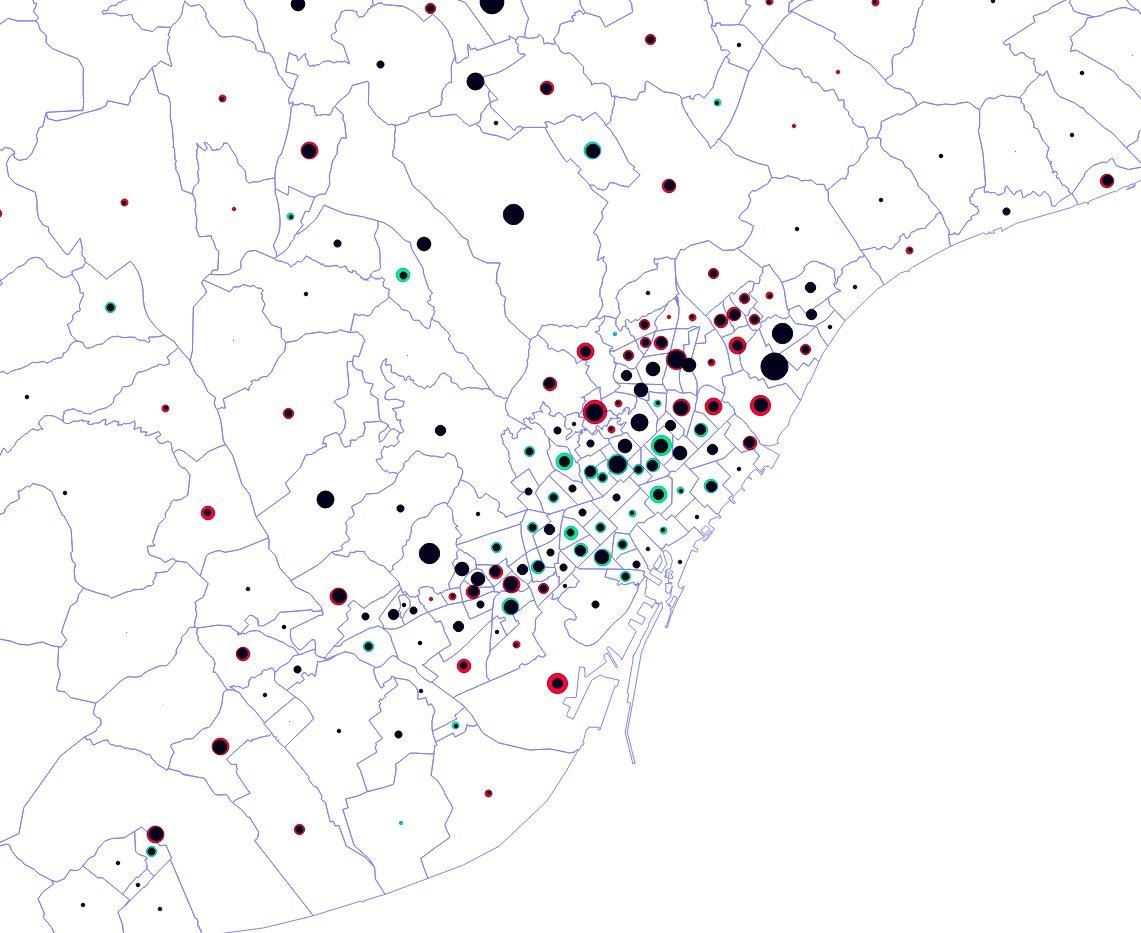 Desplaçaments abans i durant el confinament: dades de novembre (verd) i del 7 d'abril (magenta) / @300000kms