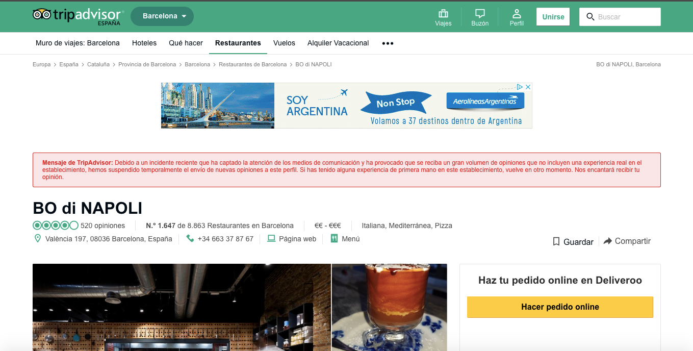 TripAdvisor no admet comentaris pel restaurant Bo di Napoli