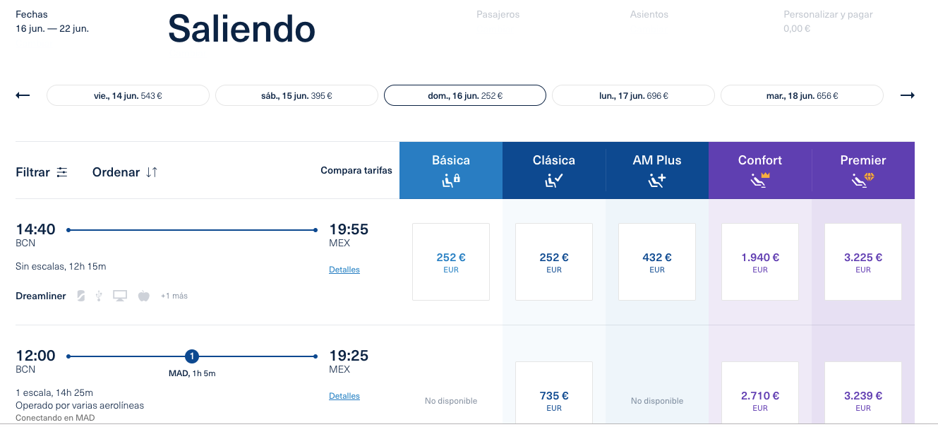 Captura de pantalla de la web d'Aeromexico amb l'oferta de vols / Aeromexico