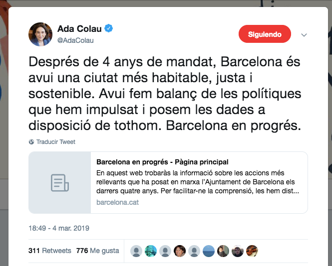 Tuit de l'alcaldessa promocionant la web 'Barcelona en progrés' / Twitter