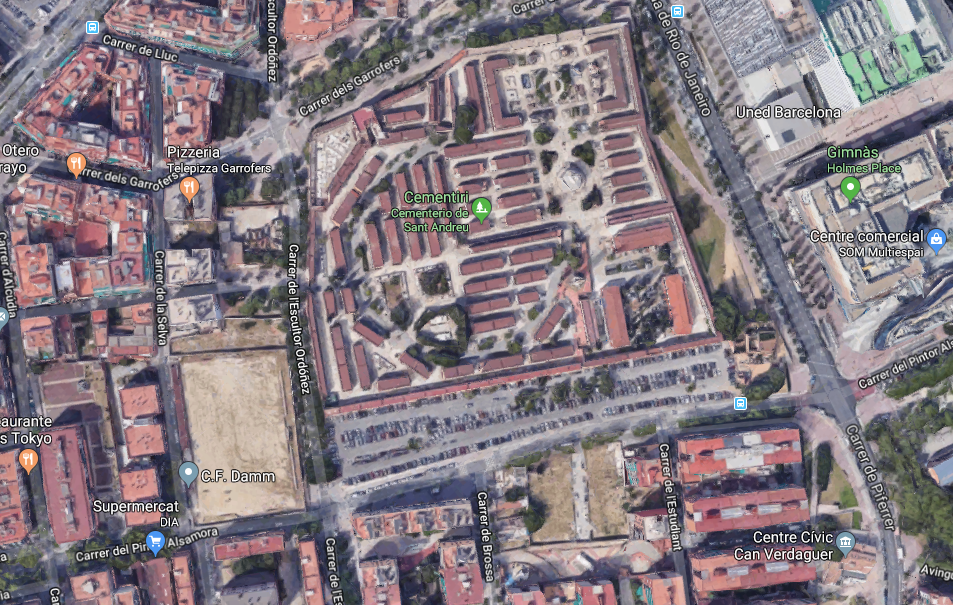 Mapa de la zona d'influència del projecte amb el cementiri de Sant Andreu al mig. / Google Maps