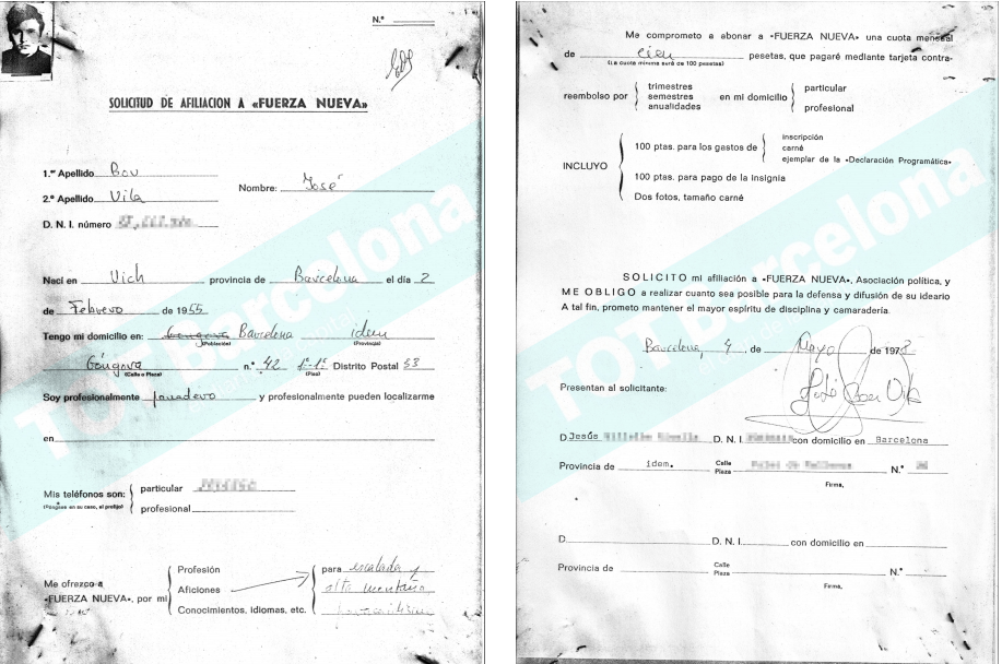 Anvers i revers de la sol·licitud d’afiliació de Fuerza Nueva de Josep Bou datada 4 de maig de 1978.