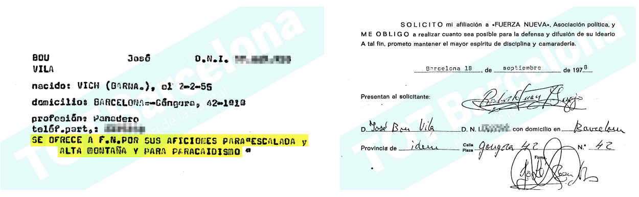 A l’esquerra, fitxa mecanografiada amb les dades de Bou posterior a la sol·licitud de militància. A la dreta, fragment de fitxa d’afiliació d’un militant on Josep Bou apareix com a avalador.