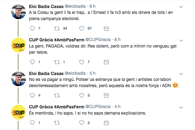 Captura de pantalla dels tuits amb la bronca entre Badia i la CUP Gràcia. | Twitter