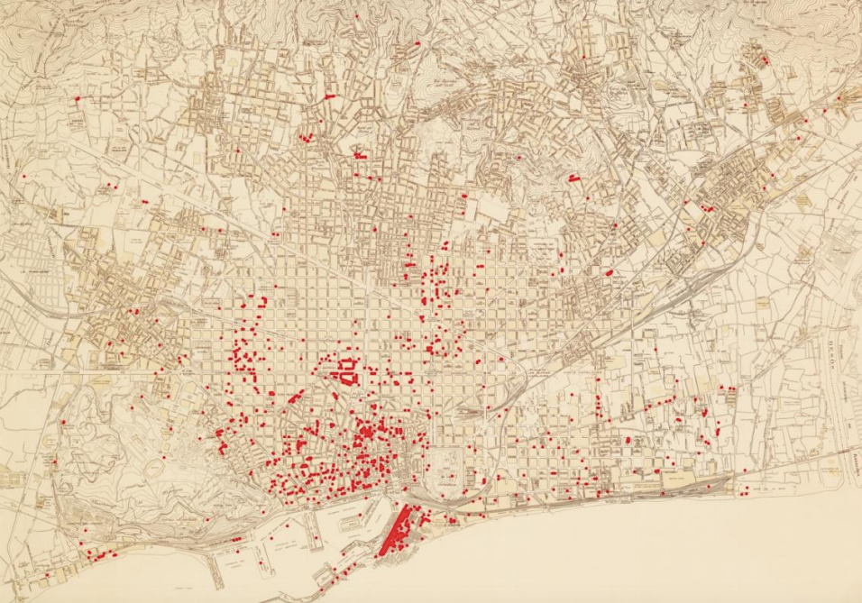 Bombardeigs de març de 1938, en un plànol inclòs al llibre 'Topografia de la destrucció' / ICGC- Ajuntament de Barcelona