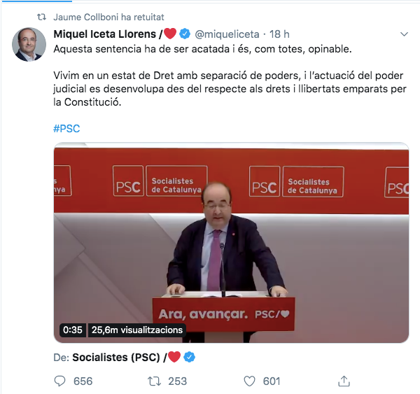 El retuit de Jaume Collboni d'una piulada d'Iceta sobre la sentència El retuit de Jaume Collboni d'una piulada d'Iceta sobre la sentència