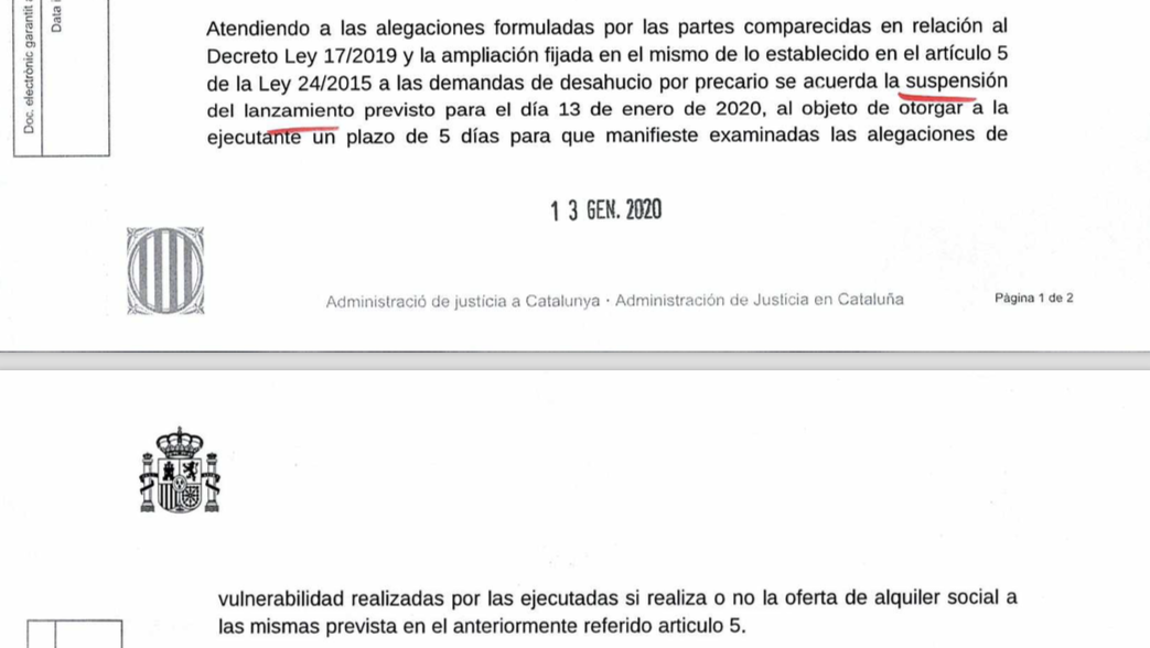 La part del document que mostra la decisió de la jutgessa d'obrir la porta a un lloguer social amb el nou decret / Cedida