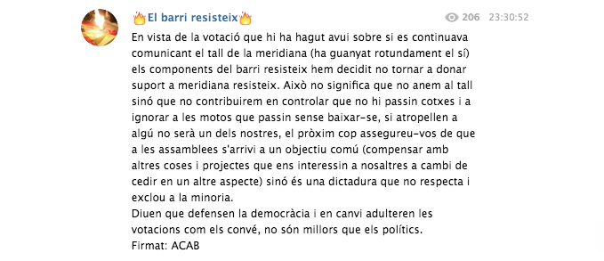 Missatge del Barri Resisteix crític amb Meridiana Resisteix