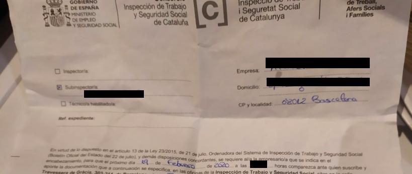 La citació i requeriment de documentació va ser omplert per la subinspectora, mentre la inspectora es va negar a identificar-se en tot moment | A.S. La citació i requeriment de documentació va ser omplert per la subinspectora, mentre la inspectora es va negar a identificar-se en tot moment | A.S.