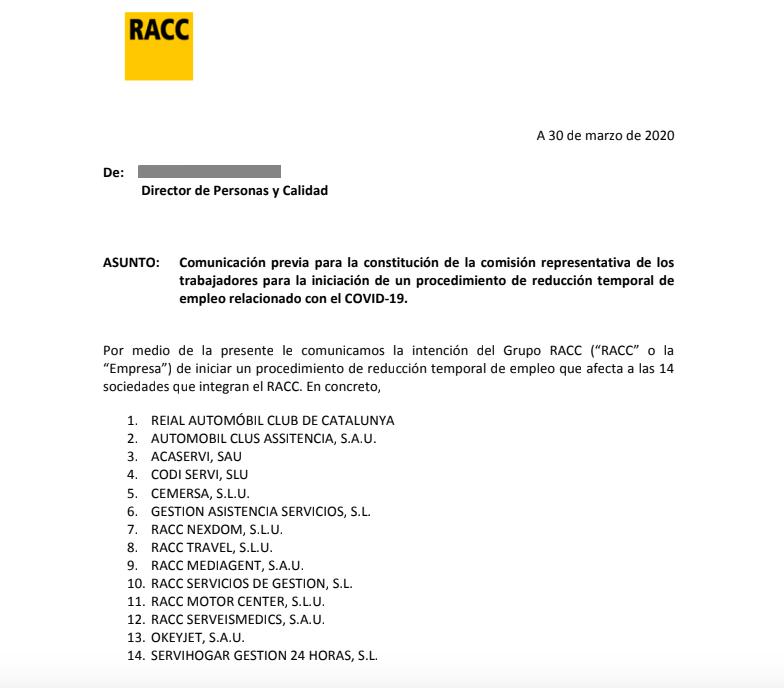 Comunicat del RACC anunciant un ERTO a les 14 empreses del grup  Comunicat del RACC anunciant un ERTO a les 14 empreses del grup
