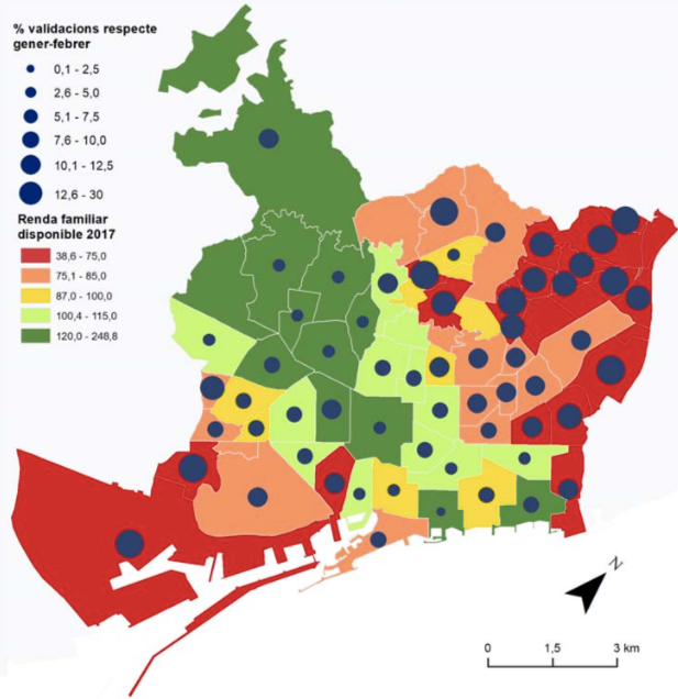 Mapa de Barcelona amb validacions al transport i renda familiar disponible / Grup d’Estudis Energia, Territori i Societat UAB