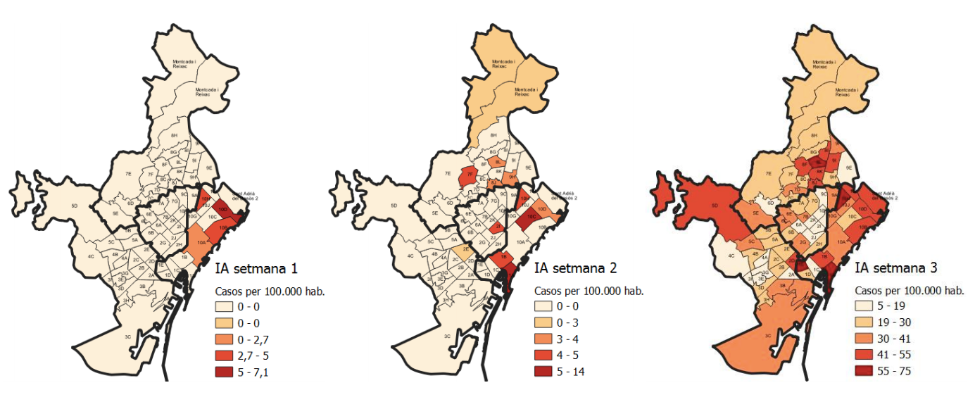 Mapes de les tres primeres setmanes del casos detectats de coronavirus a Barcelona / Consorci Sanitari de Barcelona