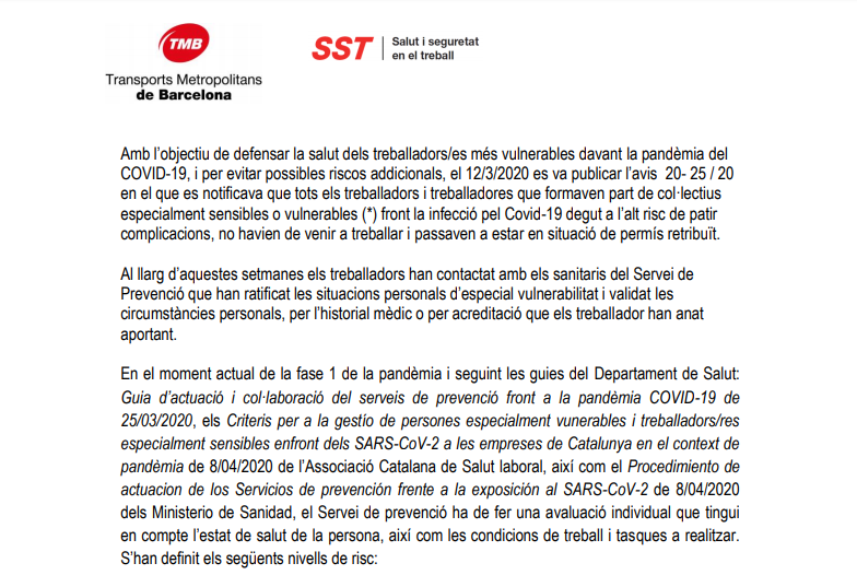 Captura del document intern en què s'explica el retorn dels treballadors vulnerables / TOT Barcelona