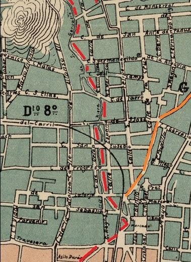 El punt on confluïen la riera de Sant Gervasi, en vermell, amb la de Cassoles, en taronja / Institut Cartogràfic de Catalunya
