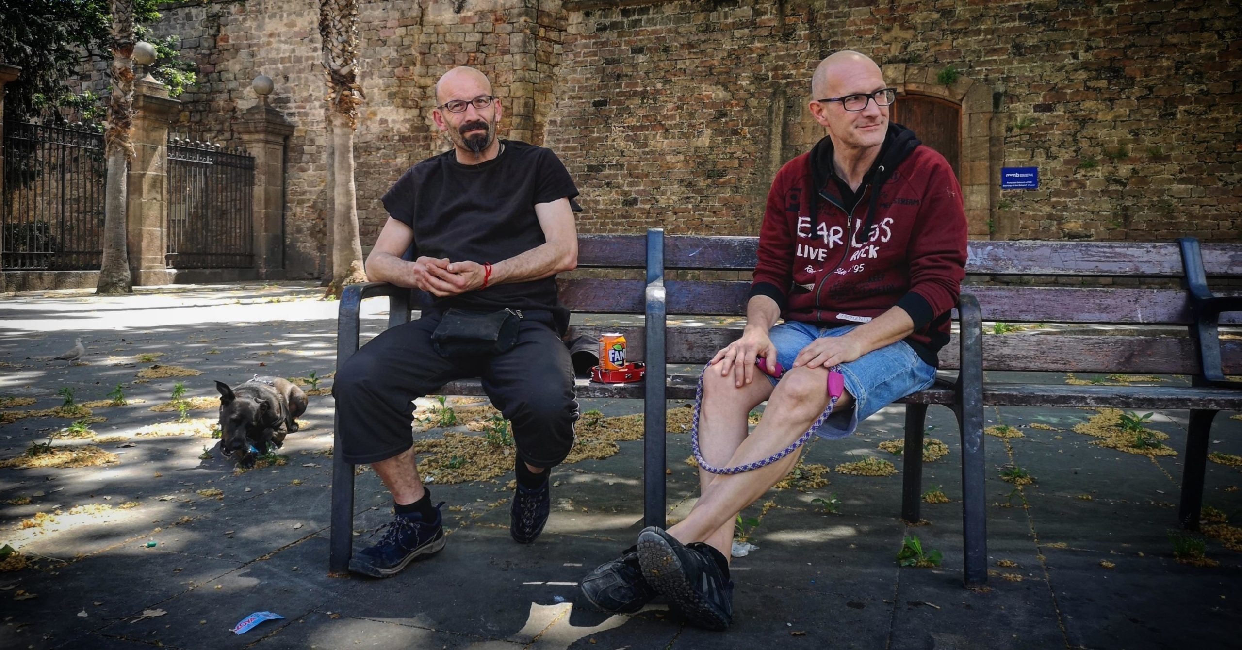 La Coffee, el Max i el Giorgio, descansant en una plaça del Raval, el barri on han viscut guardant un pis buit durant mesos / D.C.