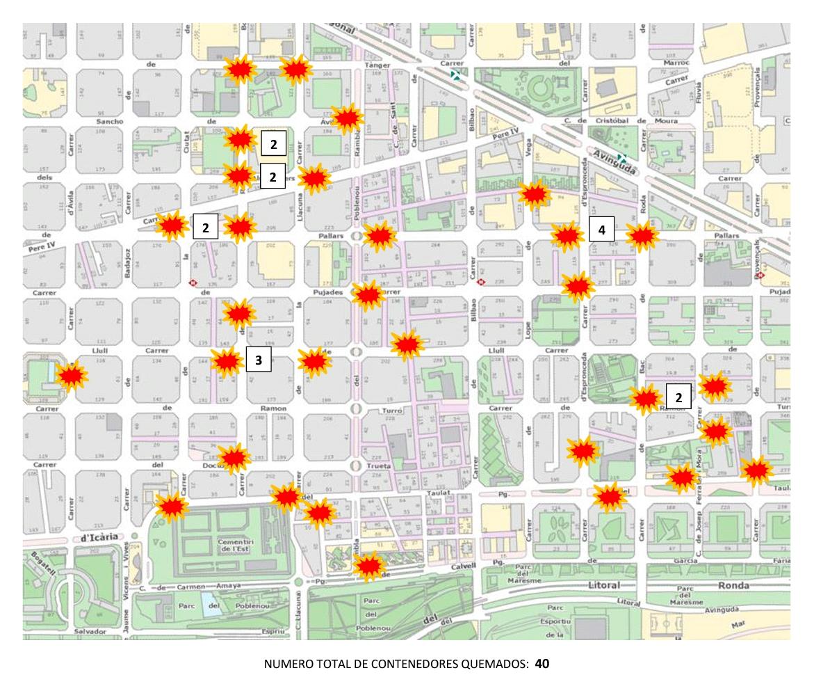 El mapa de contenidors cremats al Poblenou elaborat per la Guàrdia Urbana