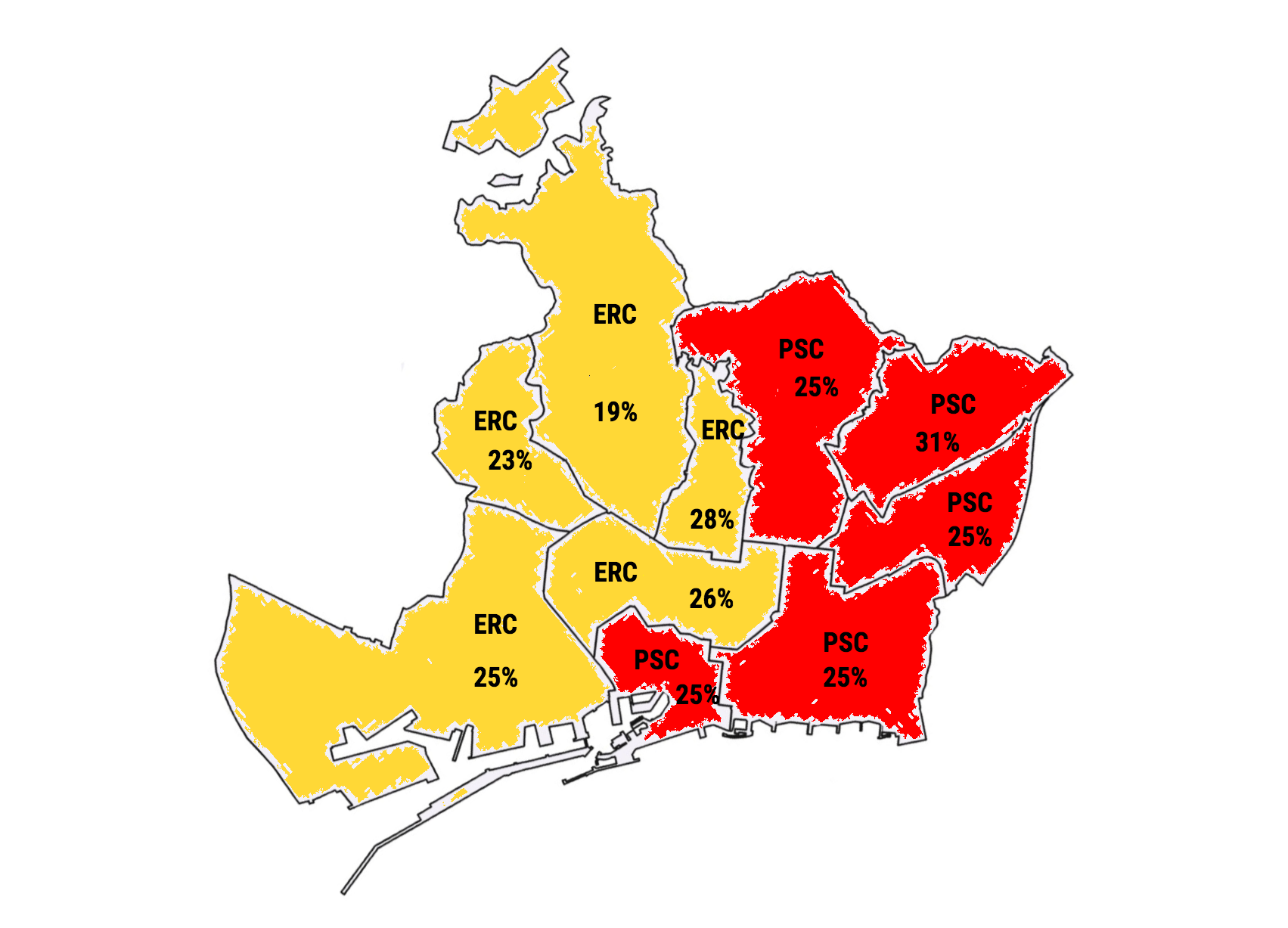 Mapa del resultat dels partits més votats per districtes en les eleccions estatals Mapa del resultat dels partits més votats per districtes en les eleccions estatals