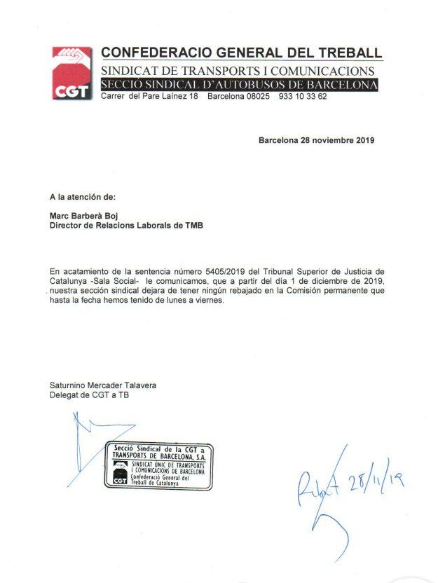 La carta que va enviar la CGT al representant de TMB | CGT La carta que va enviar la CGT al representant de TMB | CGT