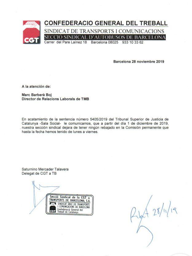 La carta que va enviar la CGT al representant de TMB | CGT