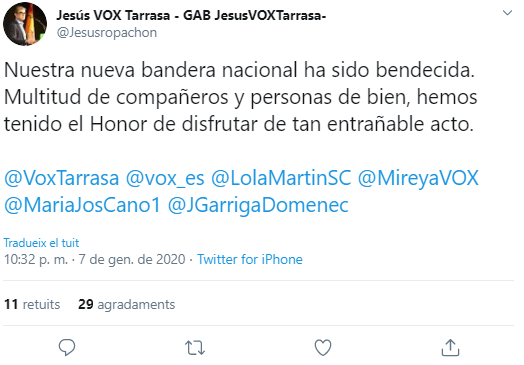 Captura de pantalla del tuit del secretari de Vox Terrassa / @Jesusropachon