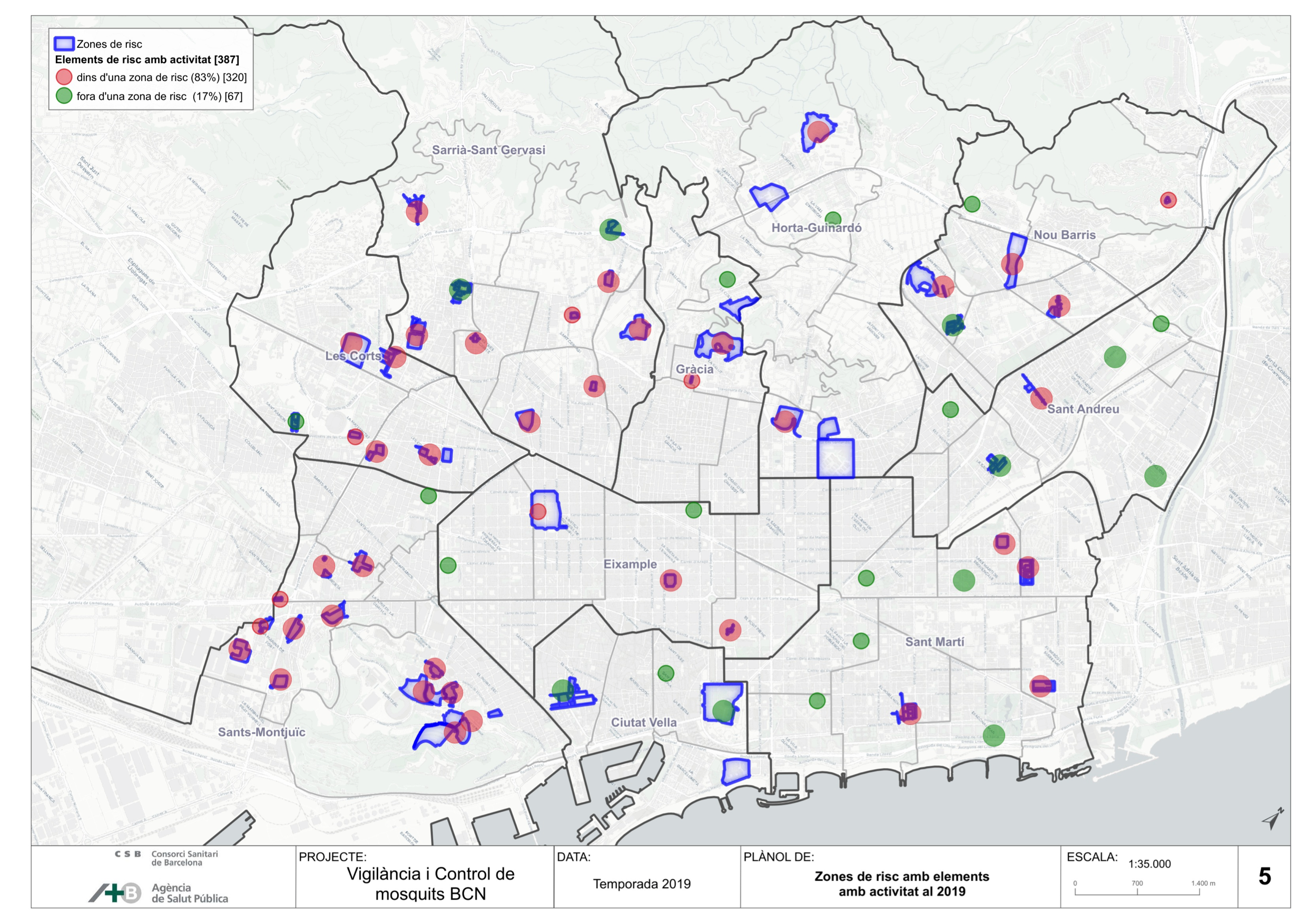 Mapa de zones de més risc i activitat del mosquit tigre el 2019 / ASPB