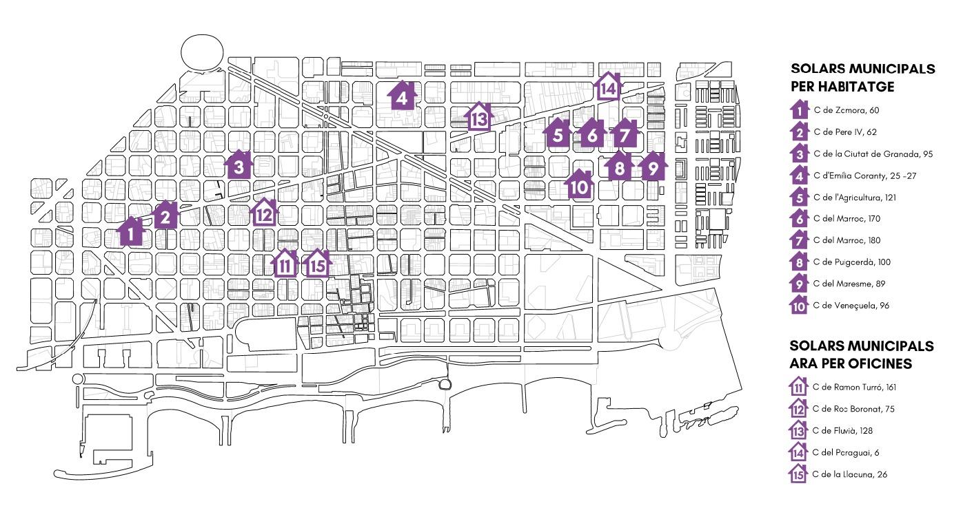 Mapa amb els solars municipals que s'haurien de dedicar a habitatge. / Cedida Mapa amb els solars municipals que s'haurien de dedicar a habitatge. / Cedida
