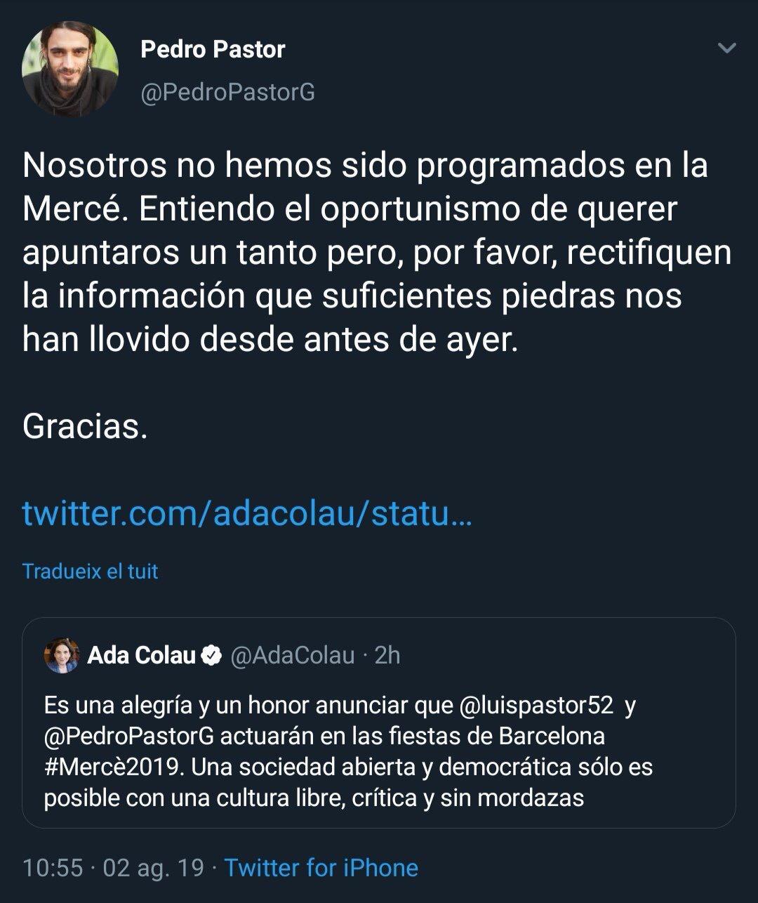 El tuit del fill del cantant Luis Pastor demanant que Colau rectifiqués la piulada. | Twitter El tuit del fill del cantant Luis Pastor demanant que Colau rectifiqués la piulada. | Twitter