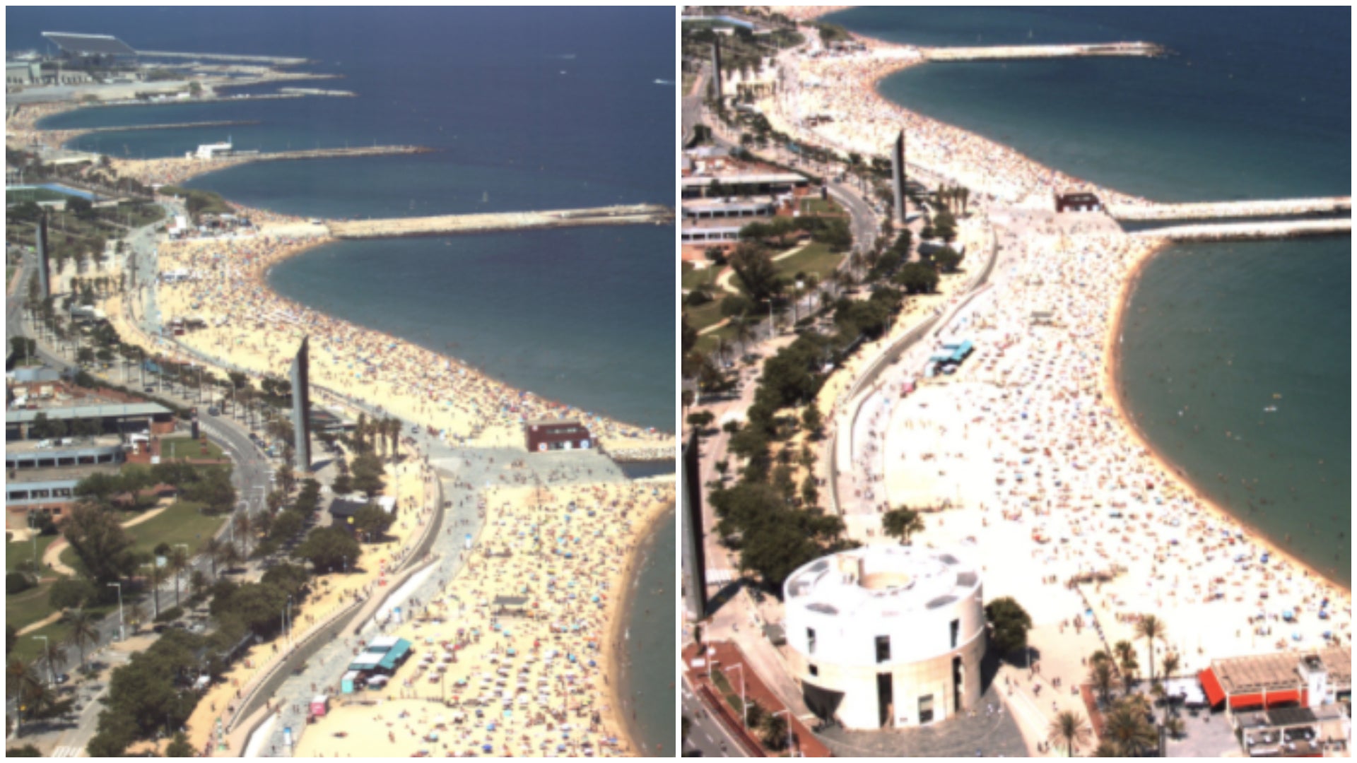 Vista de les platges del Bogatell i de la Nova Icària a les 14h d'aquest diumenge, captada per les webcams municipals / Ajuntament de Barcelona
