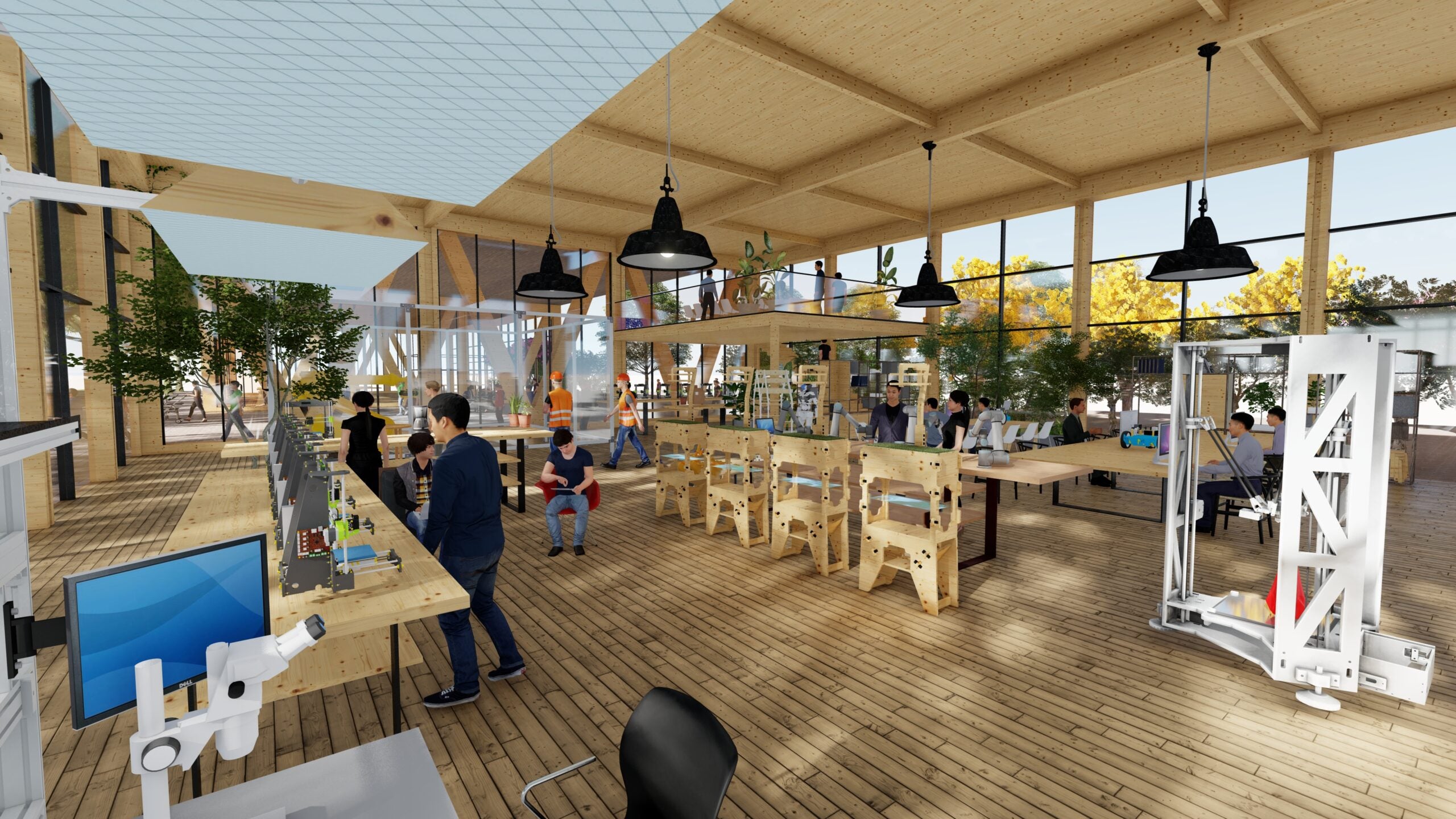 Recreació virtual d'un ateneu de fabricació digital a la 'Ciutat autosuficient' de Xiong'an / Guallart Architects