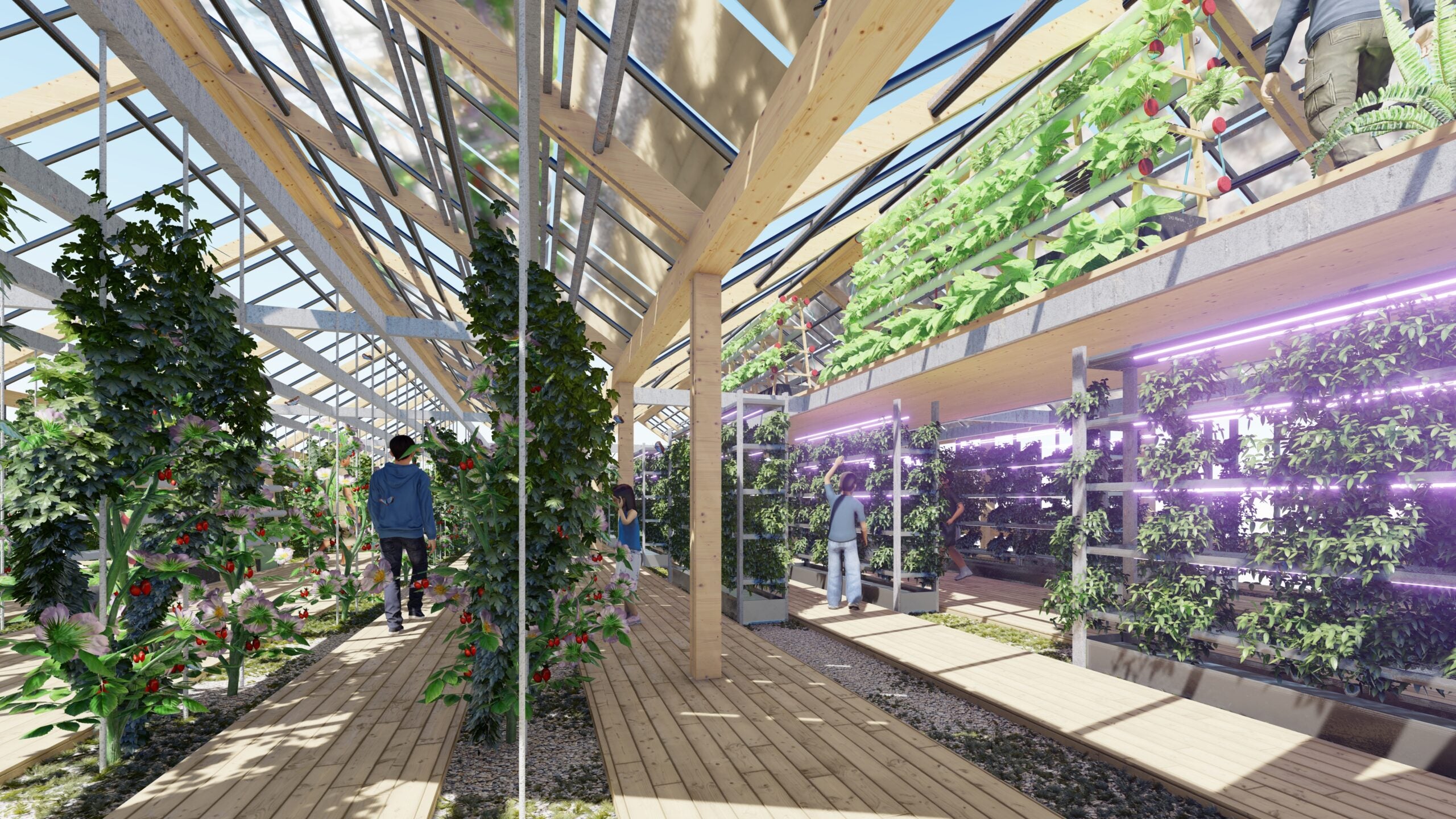 Recreació virtual d'un hivernacle alimentat per energia solar, a la 'Ciutat autosuficient' de Xiong'an / Guallart Architects