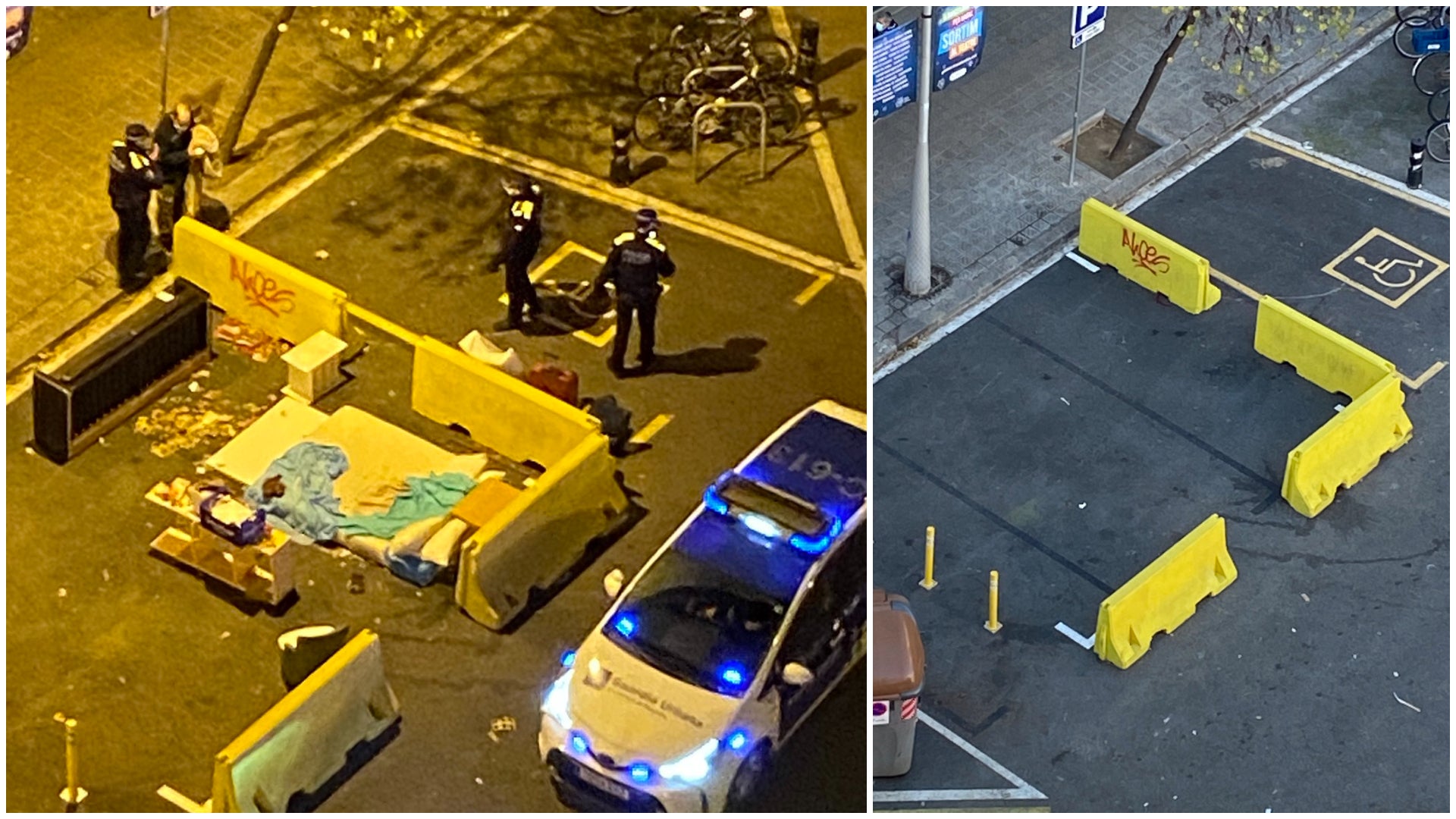 Guàrdia Urbana desallotjant una persona que dormia al carrer Consell de Cent i la terrassa que ocupava ja buidada / Joan Sala
