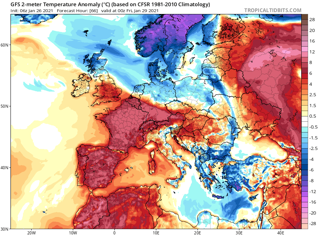 Mapa de l’anomalia de temperatura a Europa el proper divendres / Tropical Tidbits