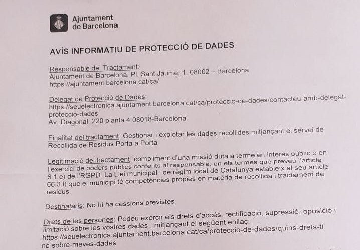 Avís en què consta que els participants del porta a porta tenen dret a suprimir dades personals / Cedida