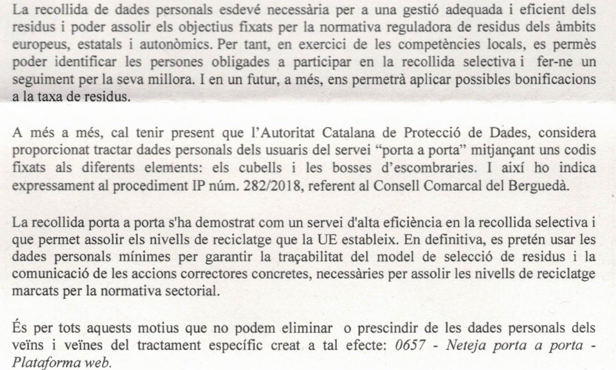 Fragment de la desestimació de l'Ajuntament a suprimir dades personals / Cedida