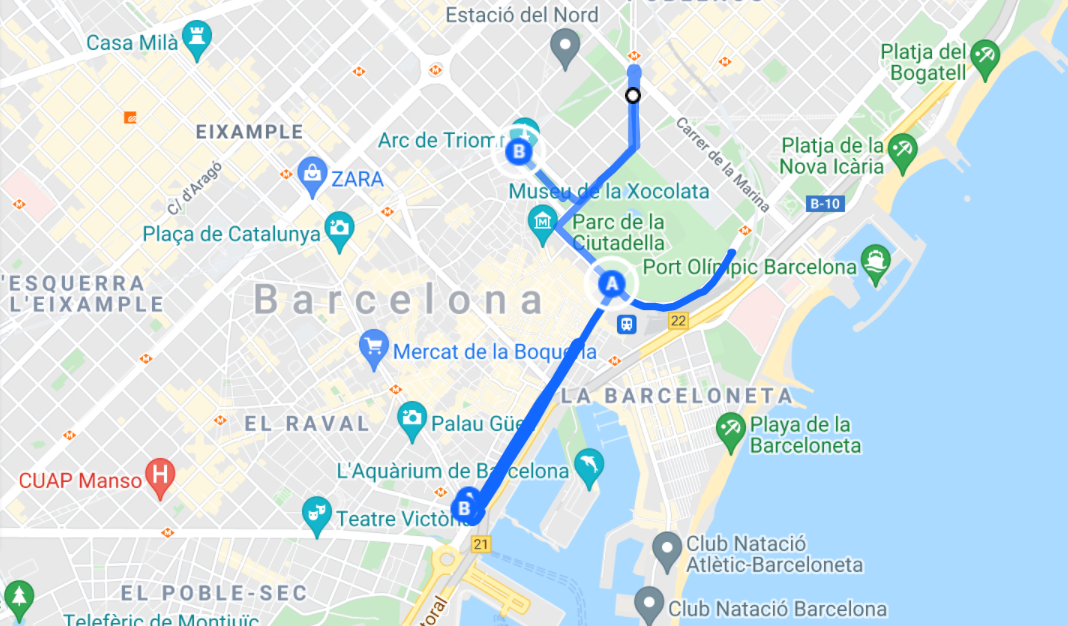 Els trams marcats en blau són els que tenen permesos recórrer els bicitaxis en època estival a l'entorn de Ciutat Vella / Maps