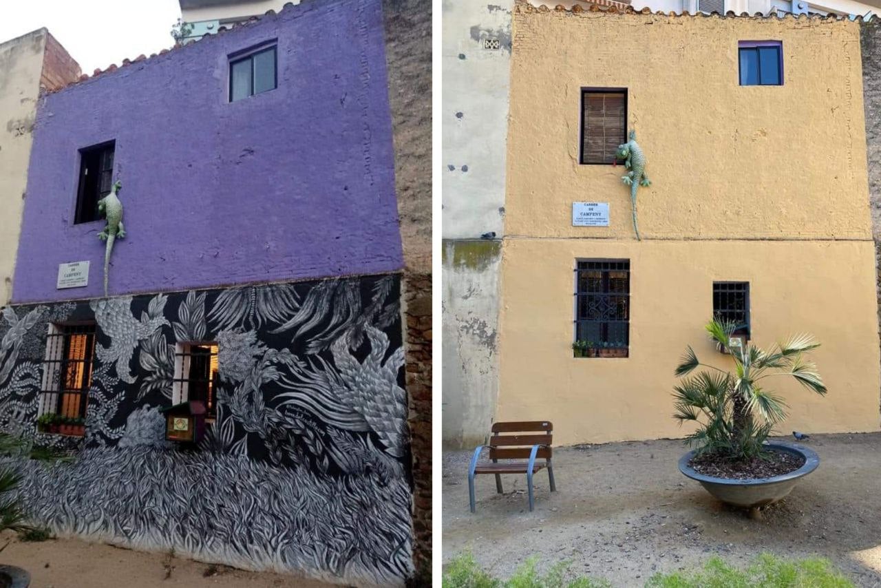 L'abans i el després del mural des del carrer Campeny / Ferran