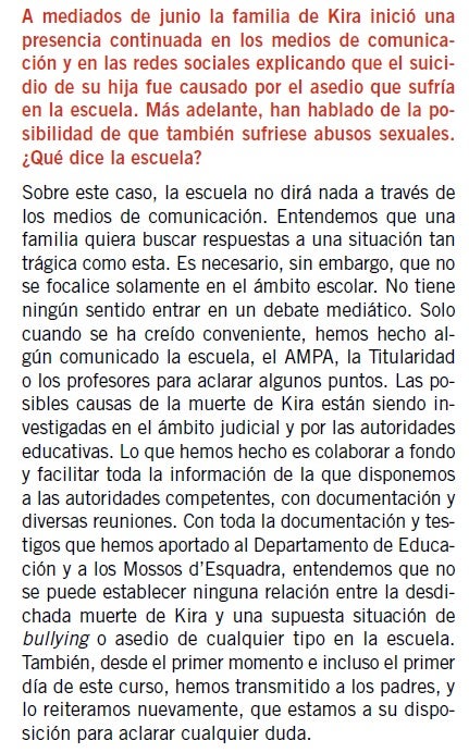 Resposta del director de l'escola Manyanet on desvincula el suïcidi de Kira d'un cas d'assetjament / TOT Barcelona