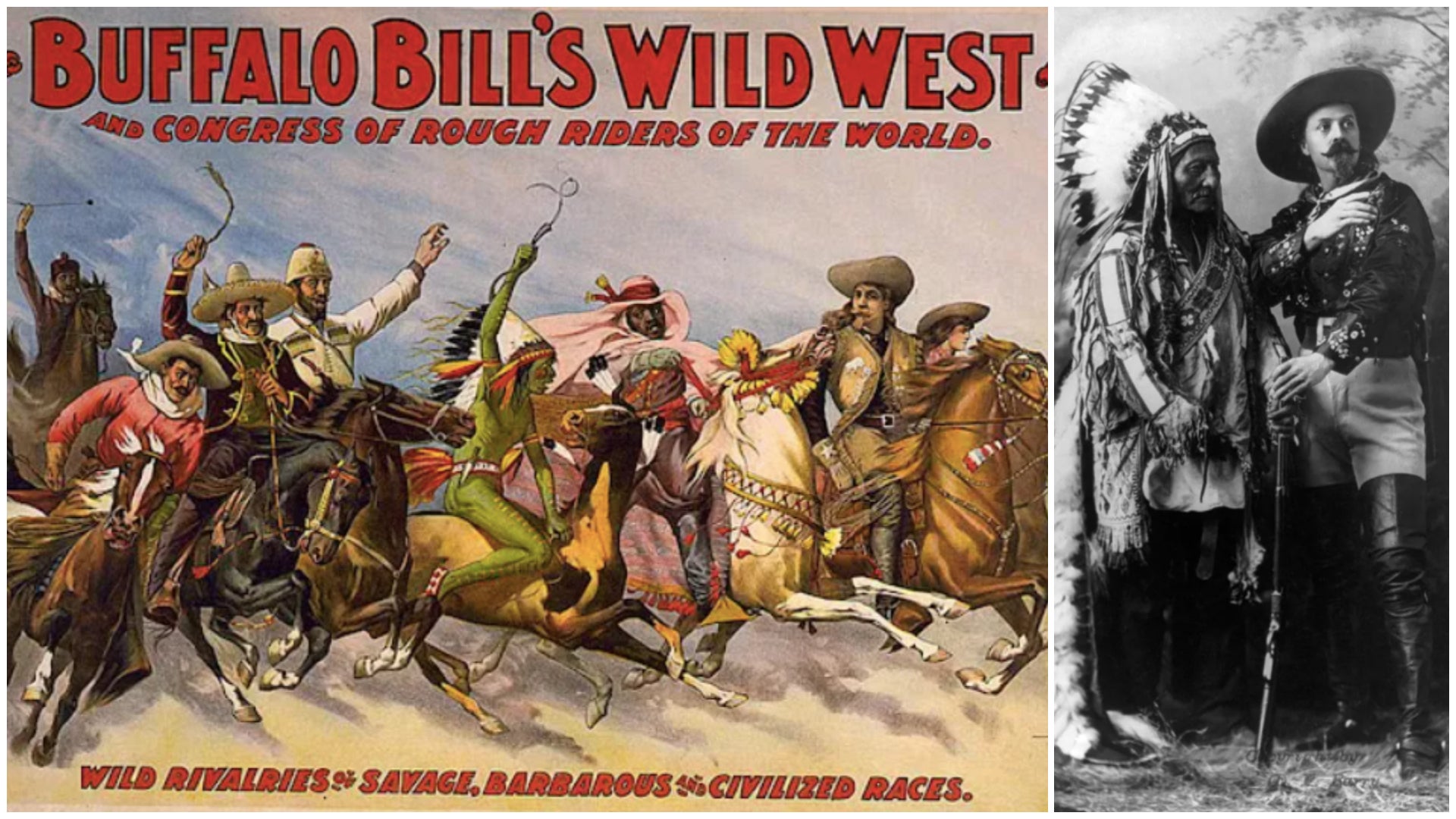 Cartell de l'espectacle de Buffalo Bill a Barcelona i el seu protagonista amb 'Toro Assegut' / Wikimèdia