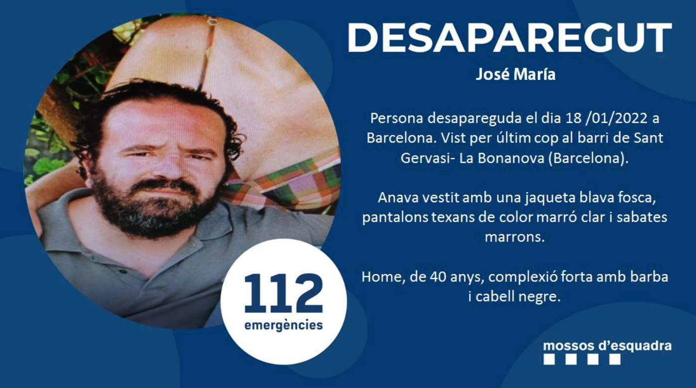 L'avís dels Mossos a les xarxes socials per mirar de localitzar l'home desaparegut a la Bonanova / CME