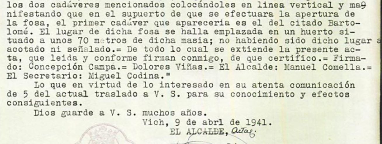 Fragment del document on s'indica on s'haurien enterrat els cadàvers dels dos bombers de Barcelona morts a les acaballes de la Guerra Civil / @bombersenguerra